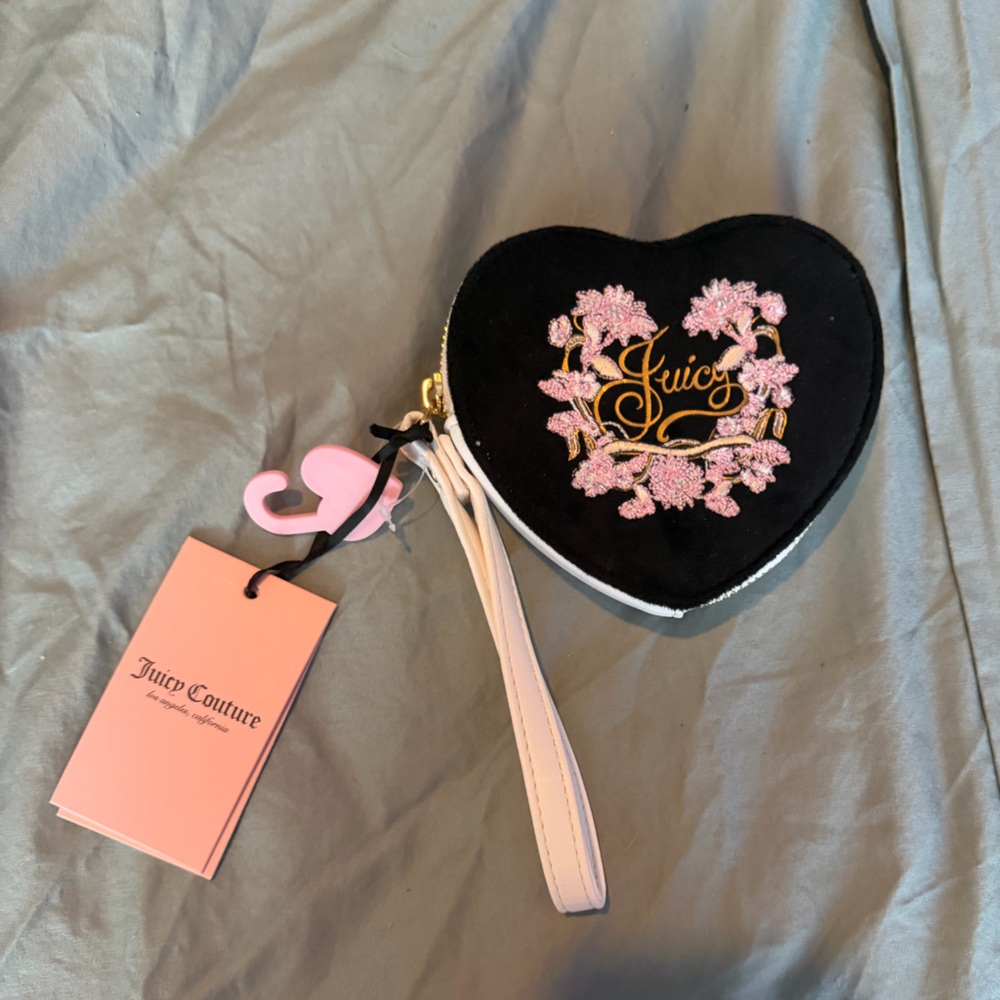 Juicy Couture Black Heart Zip Up Wrislet with Pink Floral Embroidered Logo